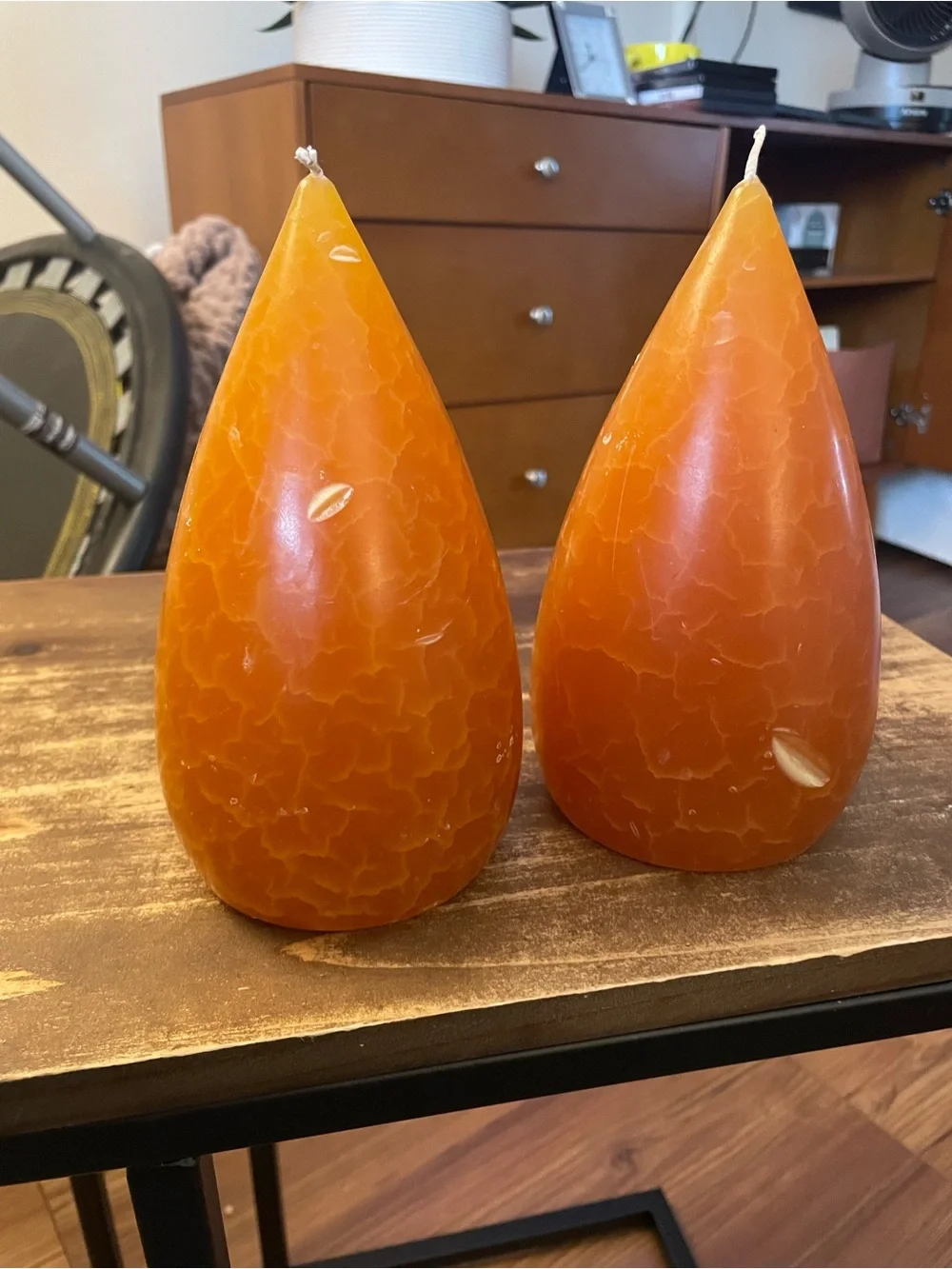 Candles pumpkin color Teardrop Decorative Candle Pair new Cedar & Saffron Scent